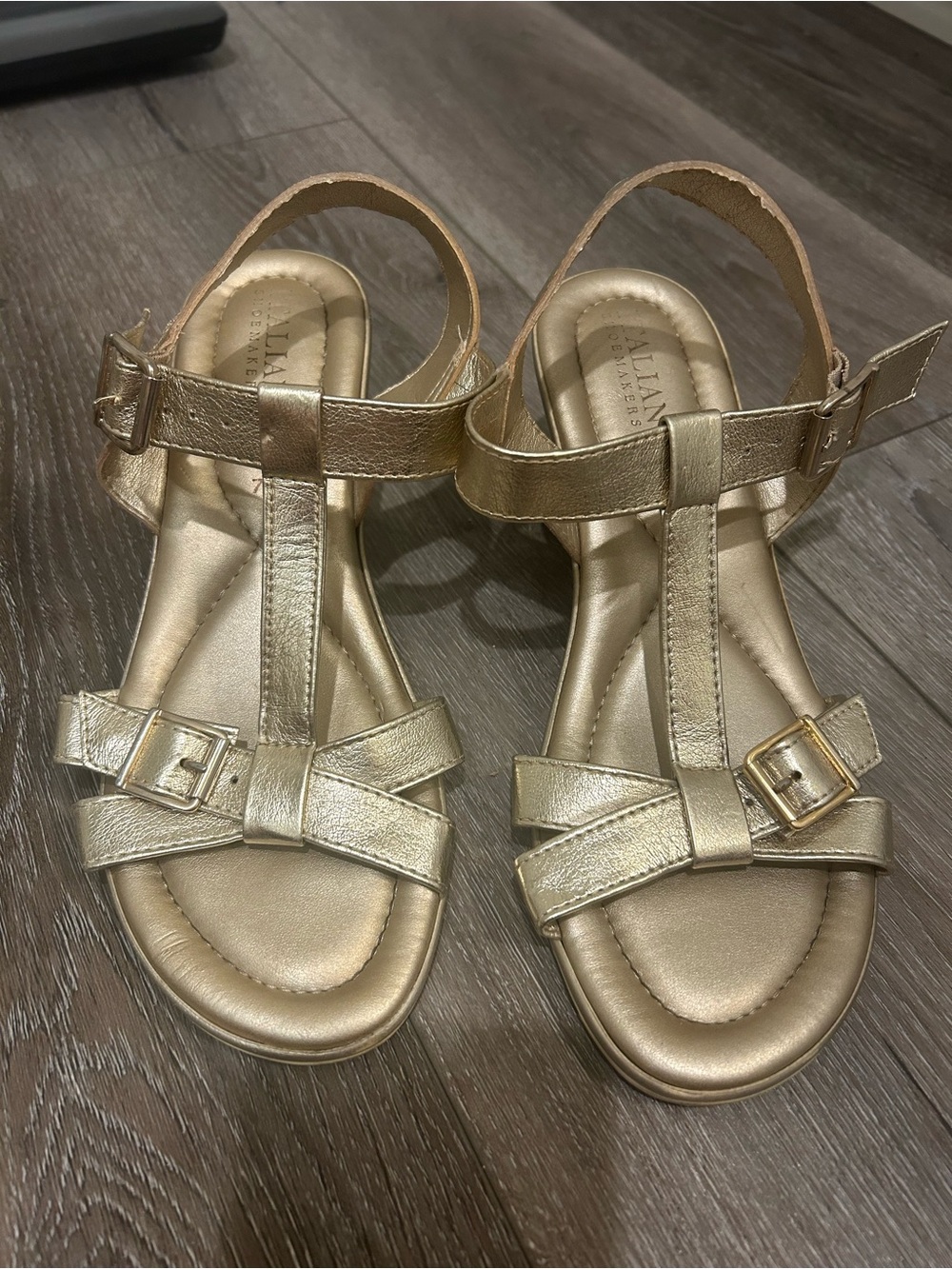 Italian Shoemakers Metallic Gold T-Strap Wedge Sandals